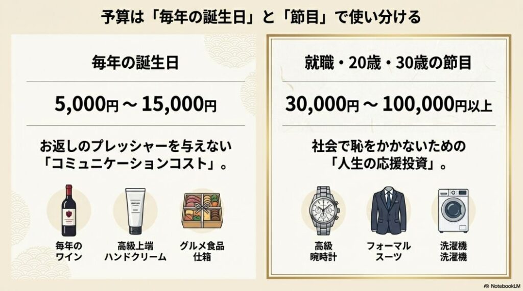 社会人への誕生日プレゼント予算相場 毎年の誕生日と節目の金額比較