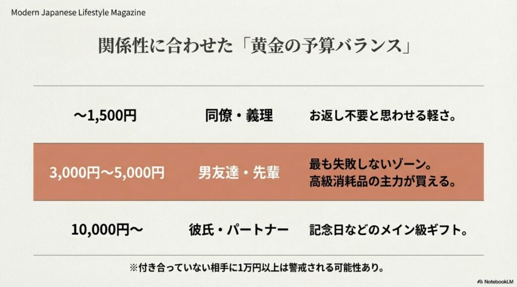 同僚・男友達・パートナーそれぞれの推奨予算（1,500円〜10,000円以上）をまとめたチャート。
