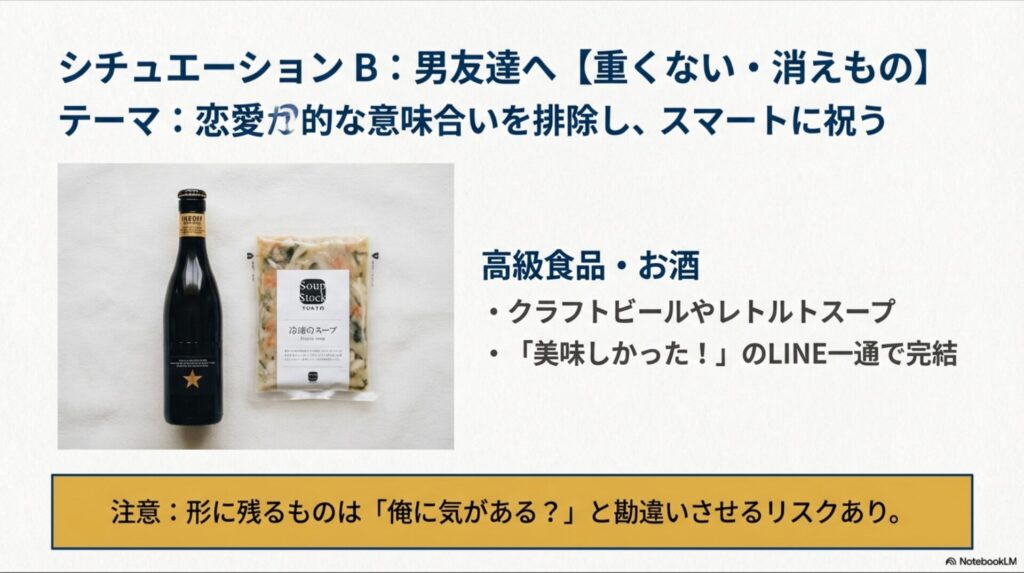 おしゃれなクラフトビールとスープストックトーキョーのスープの写真。恋愛的な意味合いを排除したスマートな消耗品ギフトの例