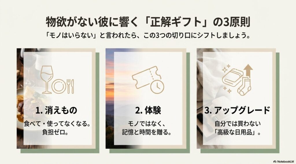 物欲がない彼に響く正解ギフト3原則：消えもの、体験、日用品のアップグレード