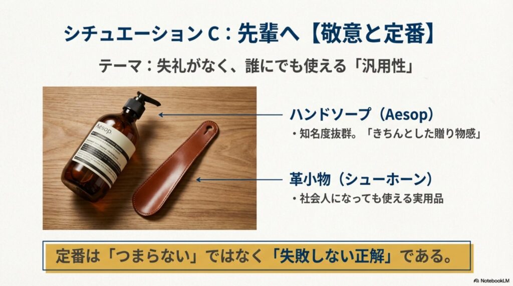 イソップのハンドソープと革製の靴べら（シューホーン）の写真。誰にでも使える汎用性と知名度のあるブランド品が先輩へのギフトに適していることを示すスライド