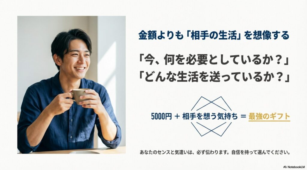 笑顔でコーヒーを飲む男性の写真。「相手の生活を想像する」ことが最強のギフト選びであることを伝えるまとめのスライド
