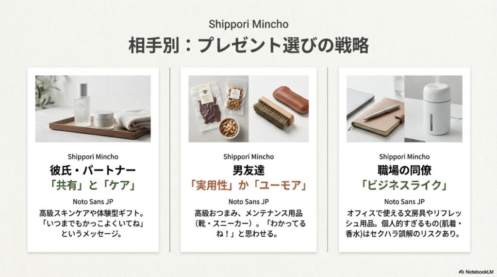 彼氏には「共有とケア」、男友達には「実用性かユーモア」、同僚には「ビジネスライク」というターゲット別戦略図。