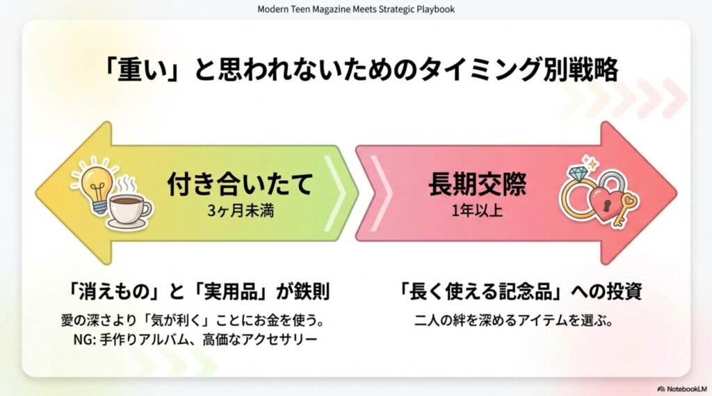 付き合いたては「消えもの・実用品」、長期交際は「長く使える記念品」を選ぶべきというタイミング別ギフト戦略図。