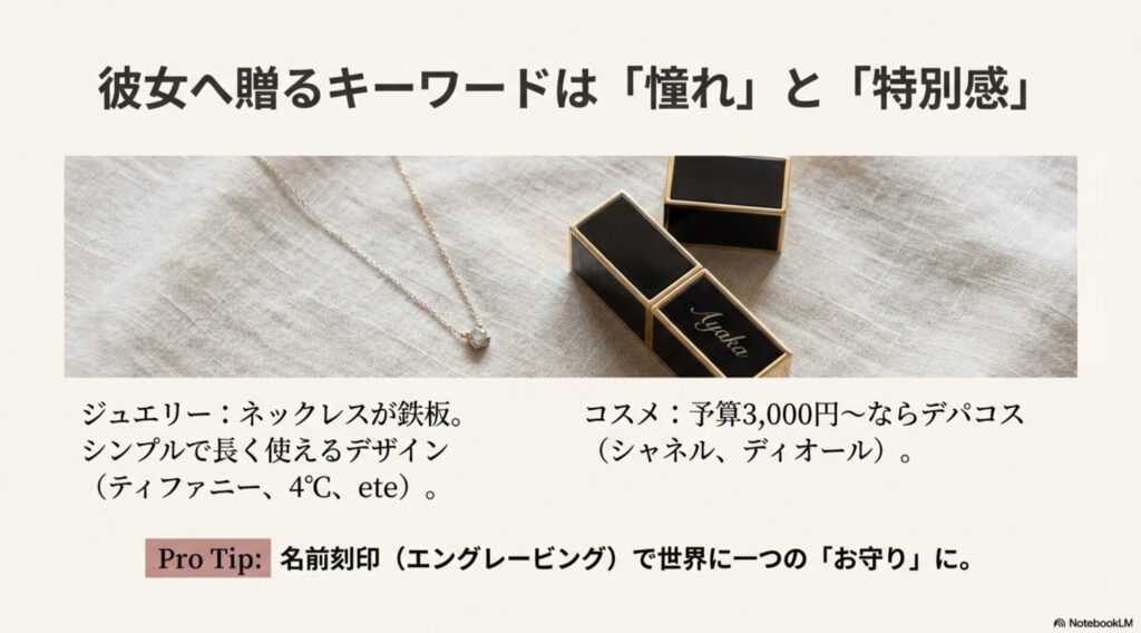 シンプルなネックレスと名前刻印入りのリップの写真。彼女へのプレゼントキーワードは憧れと特別感。