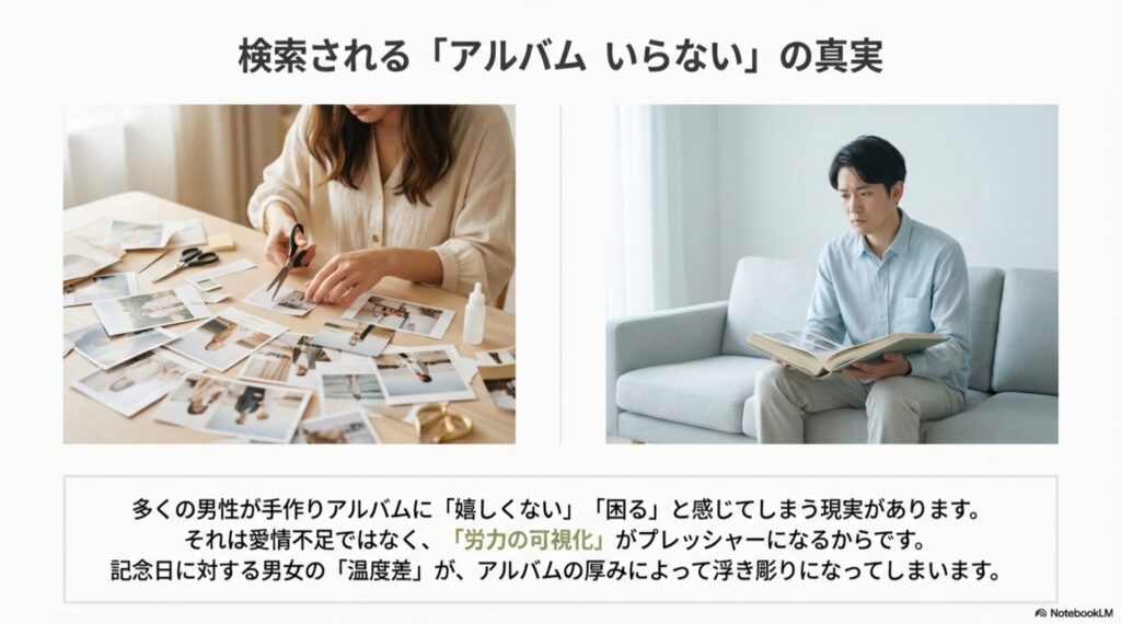 手作りアルバム制作に熱中する女性と、分厚いアルバムを受け取って困惑する男性の対比画像。男性心理における「重さ」を表現。