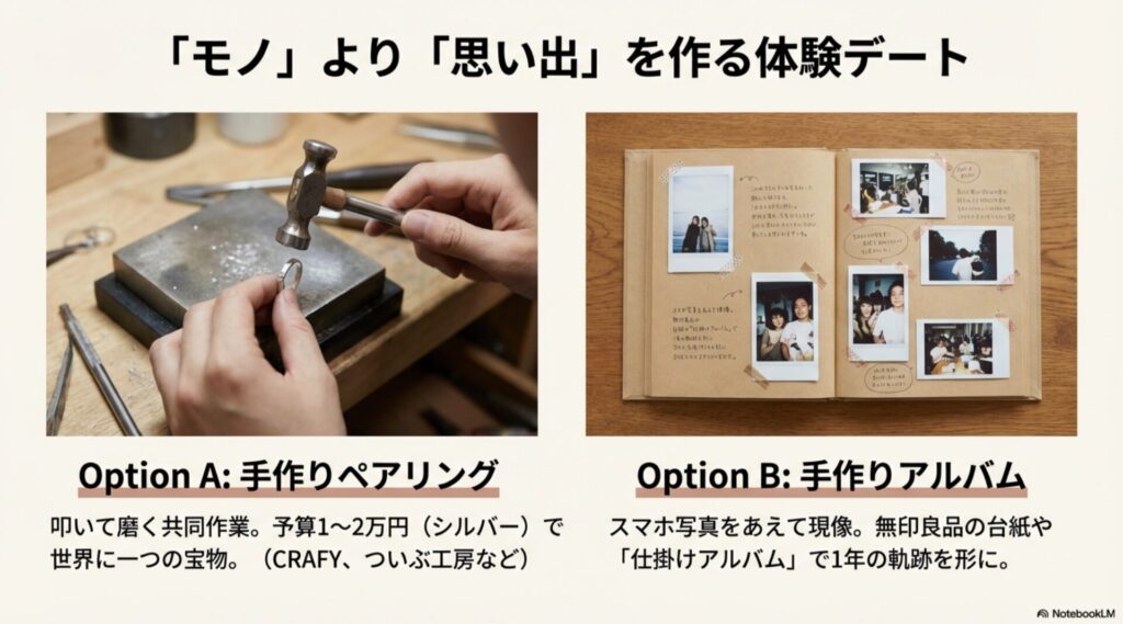 手作りペアリングの制作風景と手作りアルバムの写真。「モノ」より「思い出」を作る体験デートの提案。