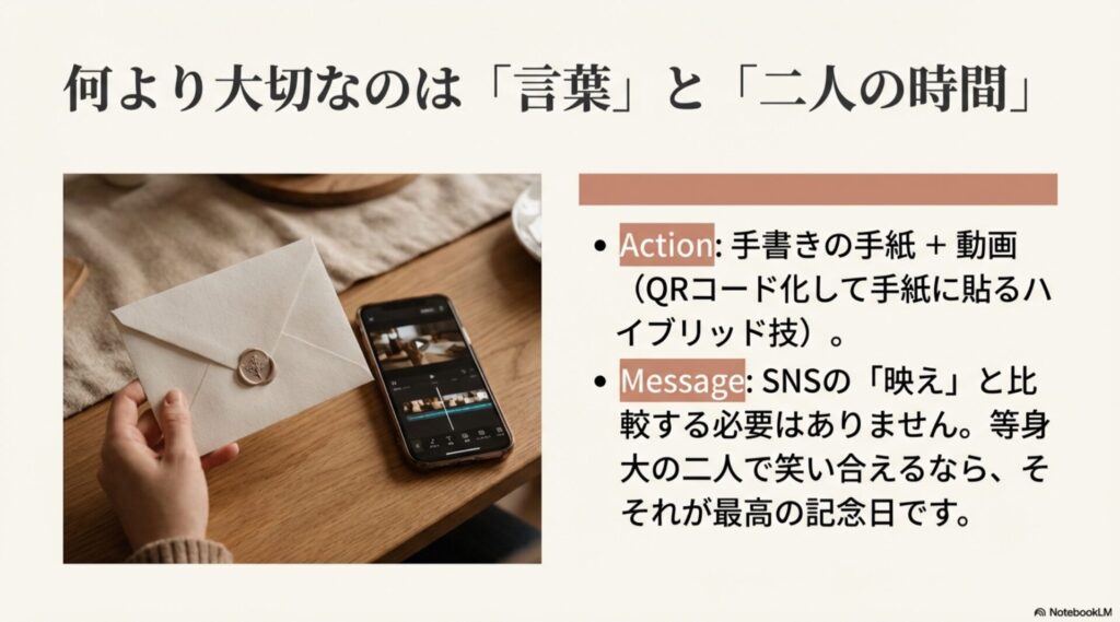 シーリングスタンプ付きの手紙とスマホの動画編集画面。手書きの手紙にQRコードで動画を添える演出の提案。