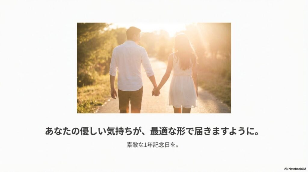 夕日の中を手を繋いで歩くカップルの後ろ姿。「あなたの優しい気持ちが最適な形で届きますように」というメッセージが添えられたエンディングスライド。