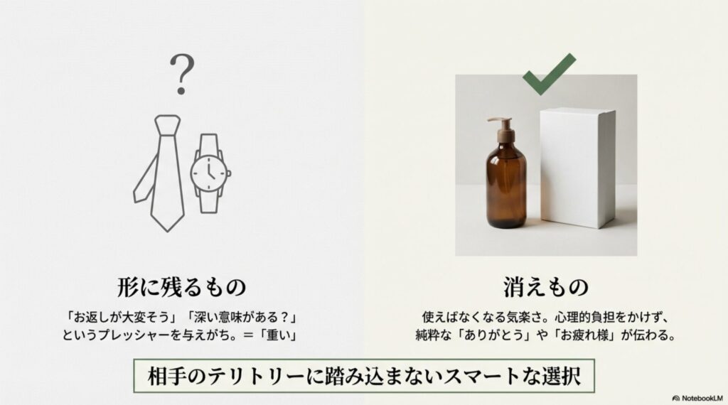 ネクタイや時計は「重い」と感じさせがちだが、消耗品は心理的負担をかけないという比較イラスト。