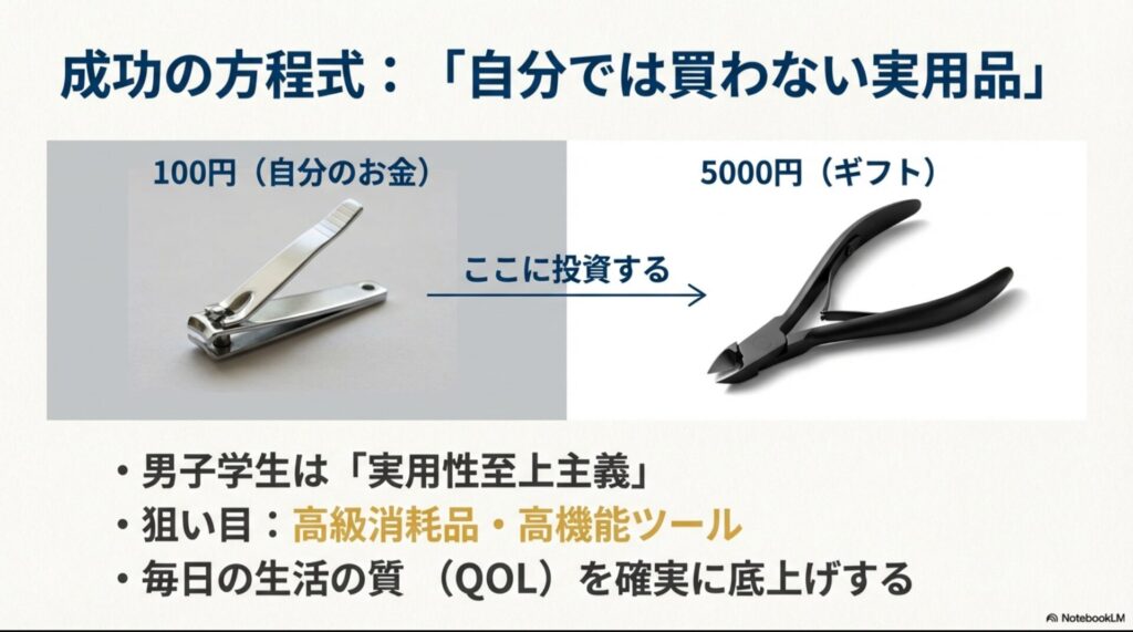 高級な爪切りとニッパーの写真。「自分では買わない実用品」こそがQOLを上げ、男子学生に喜ばれるポイントであることを解説したスライド