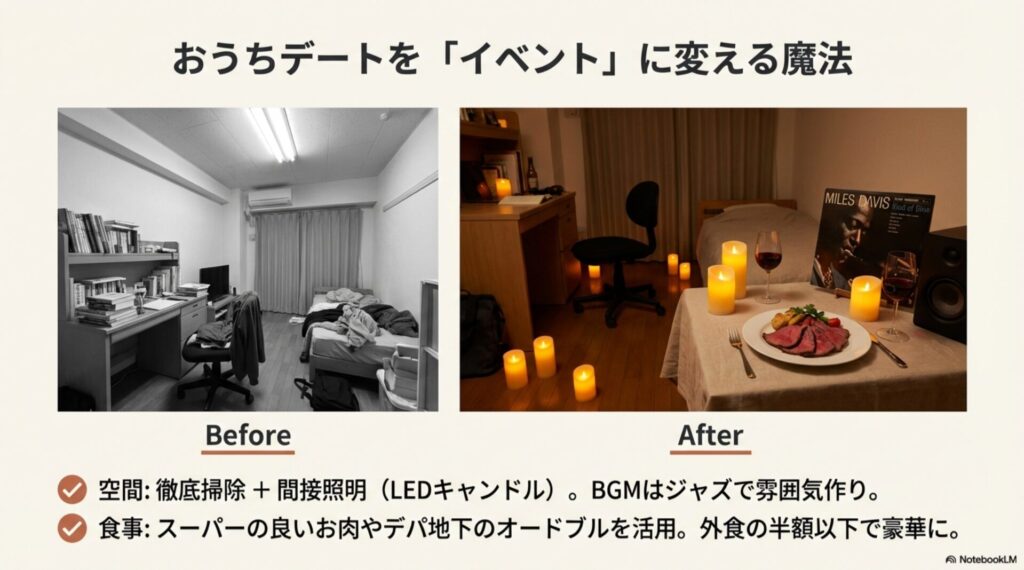 おうちデートのビフォーアフター写真。徹底的な掃除とLEDキャンドルの間接照明、BGMとデパ地下グルメで部屋を特別な空間に演出。