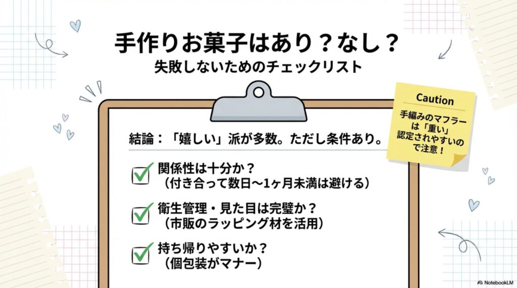 関係性、衛生管理、持ち帰りやすさなど、彼氏への手作りお菓子プレゼントで失敗しないための確認ポイント。