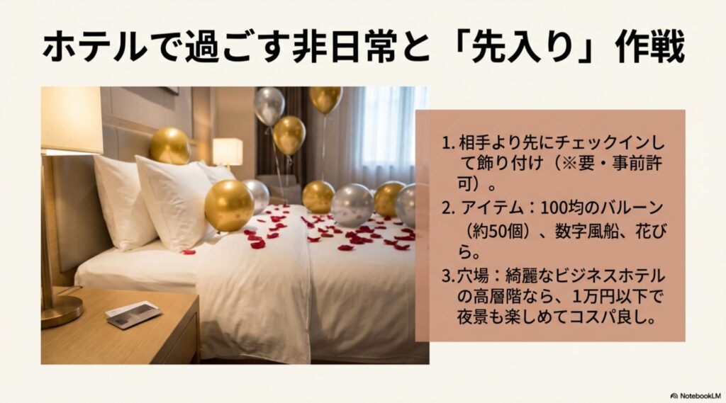 ビジネスホテルのベッド上を100均のバルーンや花びらで装飾したサプライズの様子。「先入り」作戦の手順解説。