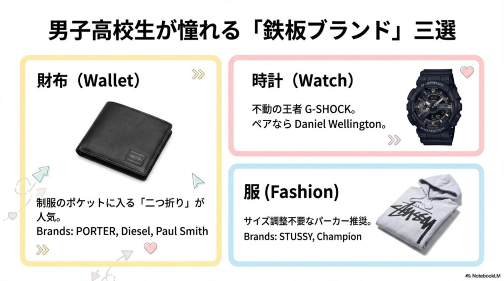 男子高校生に人気のG-SHOCK(時計)、PORTER(財布)、STUSSY(パーカー)の画像と推奨ポイント。