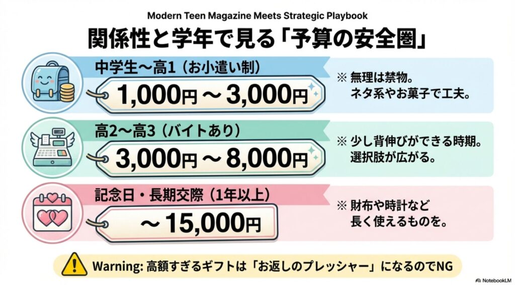 中学生・高校生(バイトあり・なし)や交際期間(付き合いたて・長期)ごとの誕生日プレゼント予算相場一覧表。