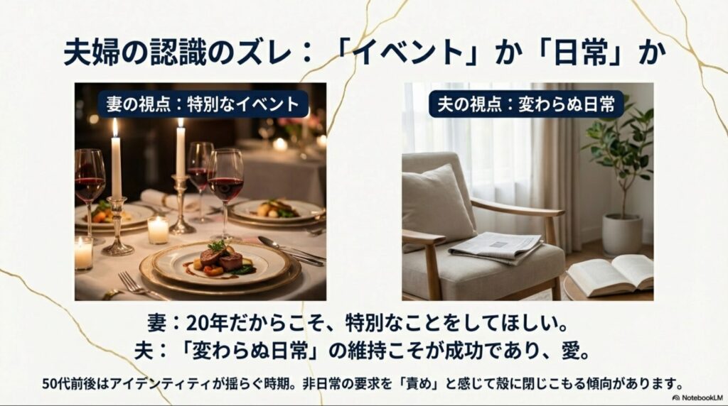 妻にとっての結婚記念日は特別なイベントだが、夫にとっては変わらぬ日常の維持こそが愛であるという、夫婦間の認識ギャップの図解。