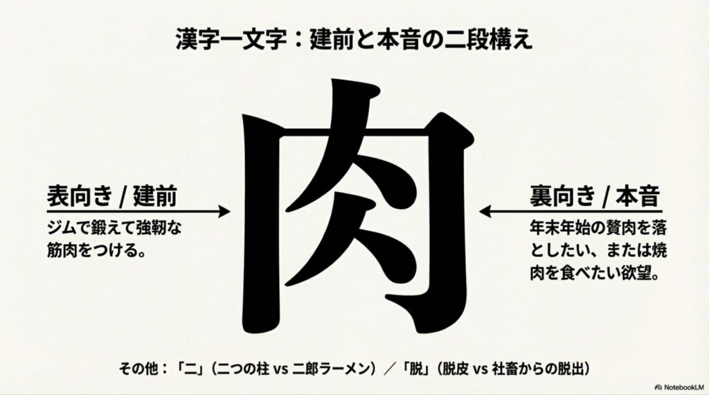 今年の漢字一文字「肉」のダブルミーニング。建前は筋肉、本音は贅肉か焼肉というユーモア