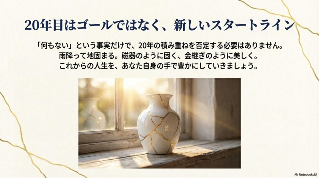 金継ぎで美しく修復された白い花瓶。結婚20周年の危機を乗り越え、新しい夫婦関係を築くスタートラインであることを象徴するイメージ。