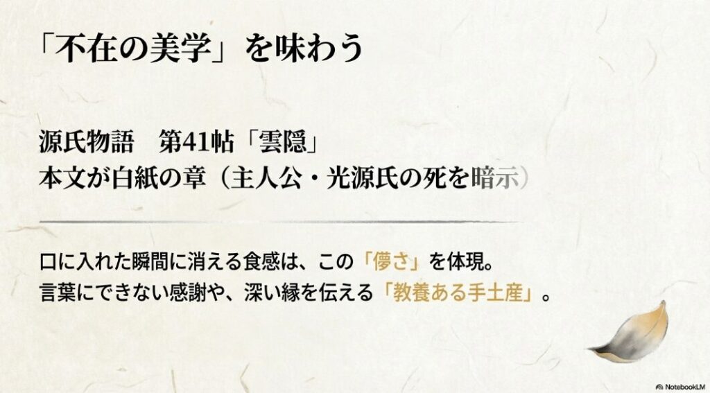 源氏物語第41帖「雲隠」の白紙の章と、お菓子の儚い食感が表現する美学についての解説