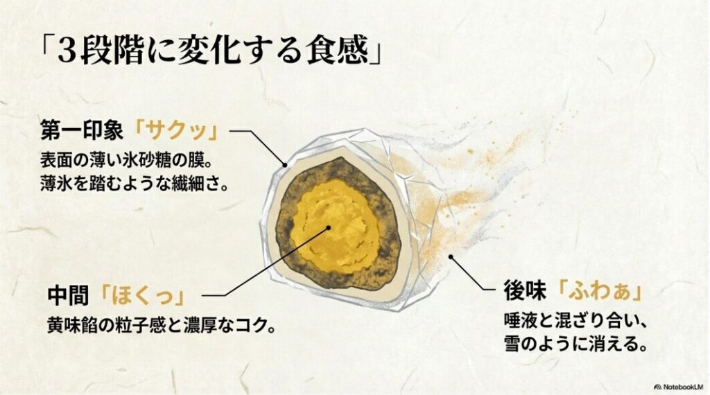 サクッ、ほくっ、ふわぁと3段階に変化する雲がくれ独特の食感と口どけの仕組み