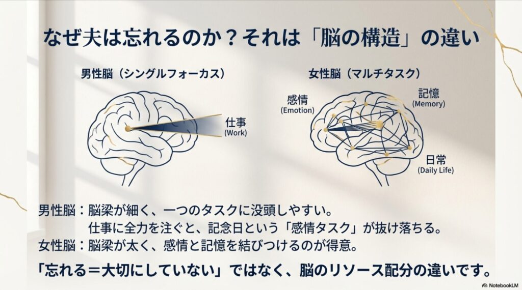 記念日を忘れる夫の脳内メカニズム。脳梁の太さの違いによる、男性脳のシングルフォーカスと女性脳のマルチタスク特性の図解。