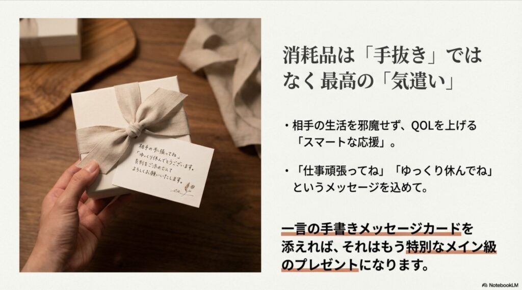ギフトボックスに「相手の手張ってね」等の手書きメッセージカードを添えている画像。消耗品は最高の気遣いであるというメッセージ。