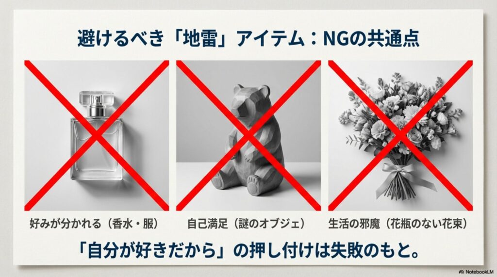 香水、木彫りの熊の置物、花束にバツ印がついた画像。好みが分かれるものや邪魔になるものはNGであることを示すスライド