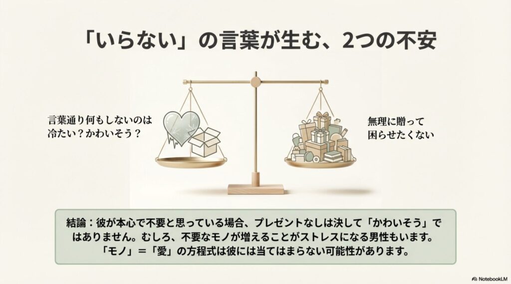 誕生日プレゼント不要と言う男性心理と無理に贈って困らせたくない女性の不安の天秤
