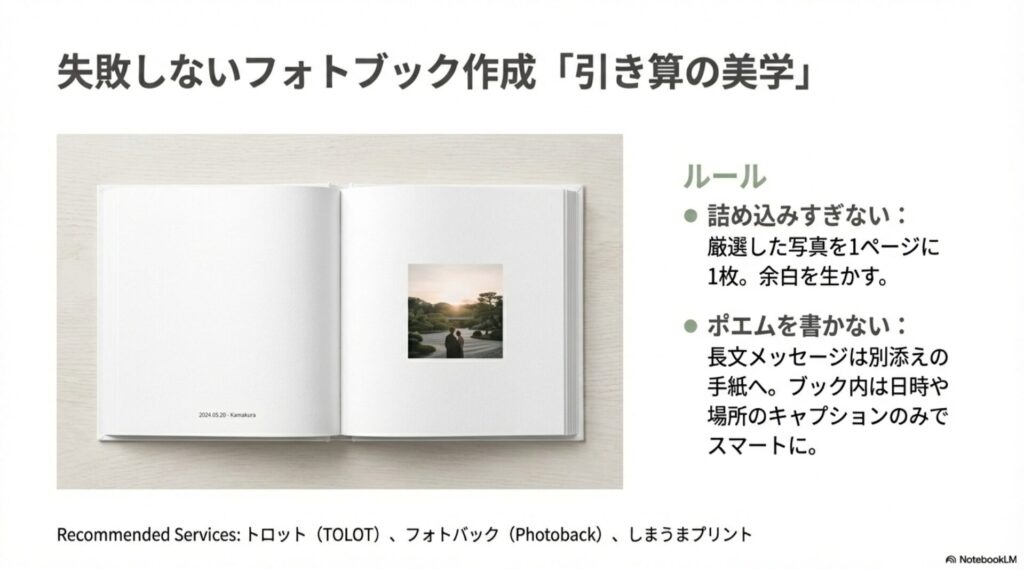 失敗しないフォトブック作成のルール「引き算の美学」。写真を詰め込みすぎず余白を生かすこと、ポエムを書かないことを推奨する見開きページのイメージ。