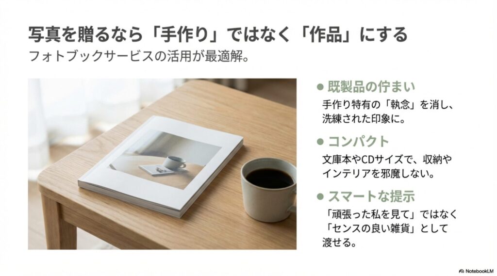 手作りではなく「作品」として贈るフォトブックのメリット。既製品のような佇まい、コンパクトなサイズ、スマートな提示が可能であることを示すスライド。