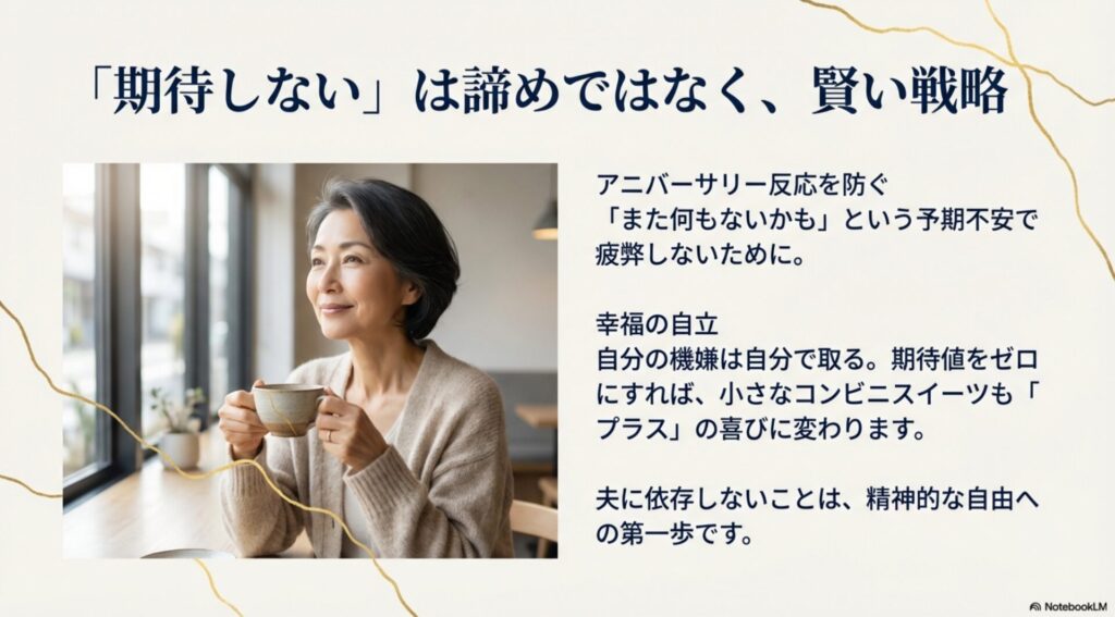 夫に期待せず自分の機嫌は自分で取る「幸福の自立」についての解説。アニバーサリー反応による予期不安を防ぐためのマインドセット。