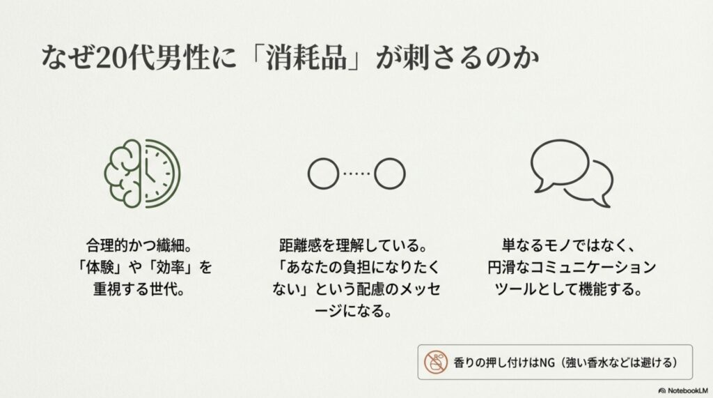 合理的で効率を重視する20代男性の心理と、消耗品がスマートな選択である理由を解説した図。
