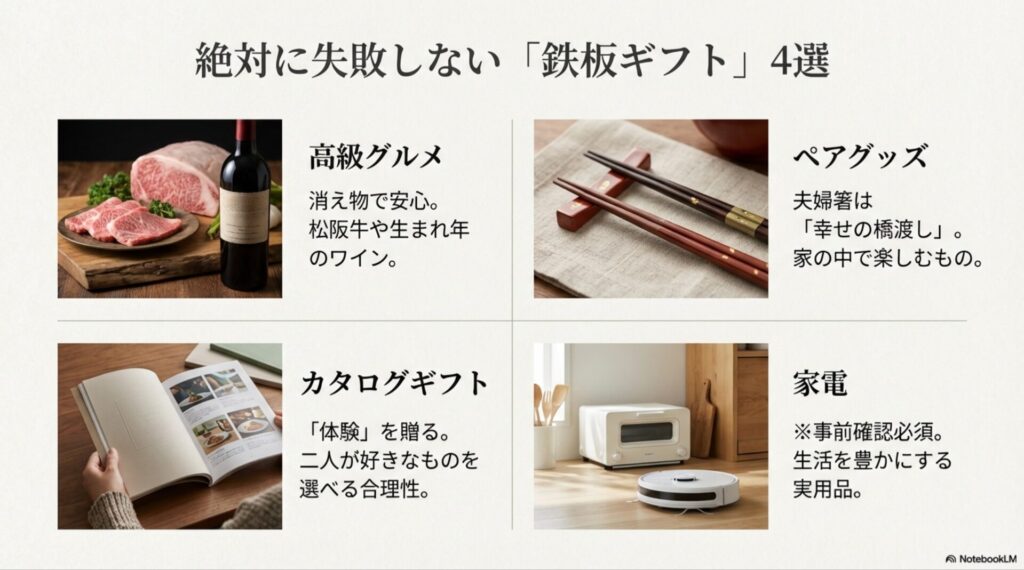 絶対に失敗しない鉄板ギフト4選（高級グルメ・夫婦箸・カタログギフト・家電）
