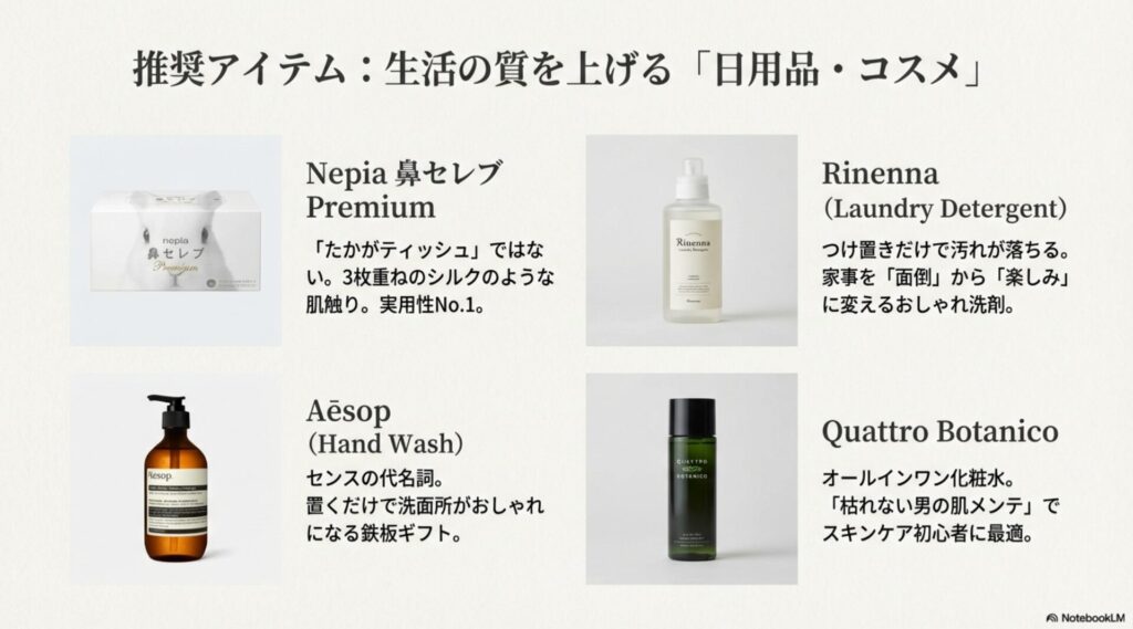 鼻セレブプレミアム、Rinenna洗濯洗剤、Aesopハンドソープ、クワトロボタニコなどのおすすめ商品一覧画像。