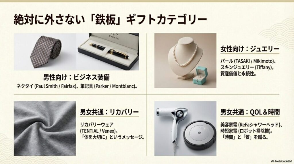 男性向けビジネス装備、女性向けジュエリー、男女共通リカバリー・QOL家電