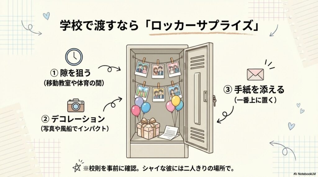 学校のロッカー内に写真や風船をデコレーションし、手紙とプレゼントをセットしたサプライズのイメージイラスト。