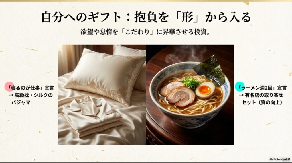 抱負を形にする自分へのギフト。快眠のための高級枕と週2回の楽しみ用ラーメンの画像
