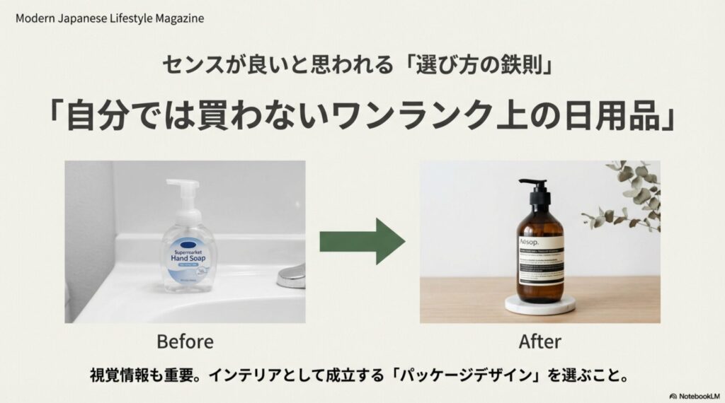 市販のハンドソープとおしゃれなボトル（イソップ等）の比較画像。インテリアとして成立するデザインの重要性。
