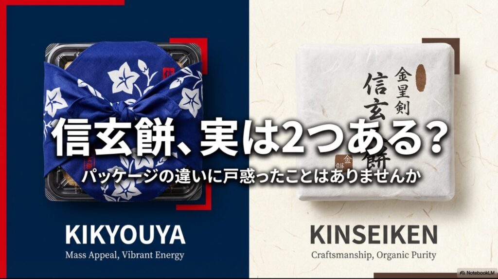 信玄餅の2大メーカー、金精軒と桔梗屋のロゴとブランドイメージの比較