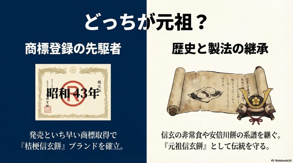 昭和43年商標登録の桔梗屋と歴史的背景を持つ金精軒の元祖対決
