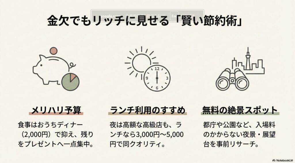 記念日デートの節約術。おうちディナーや無料の絶景スポット、ランチ利用で予算を抑えプレゼントに集中するメリハリ予算の提案。