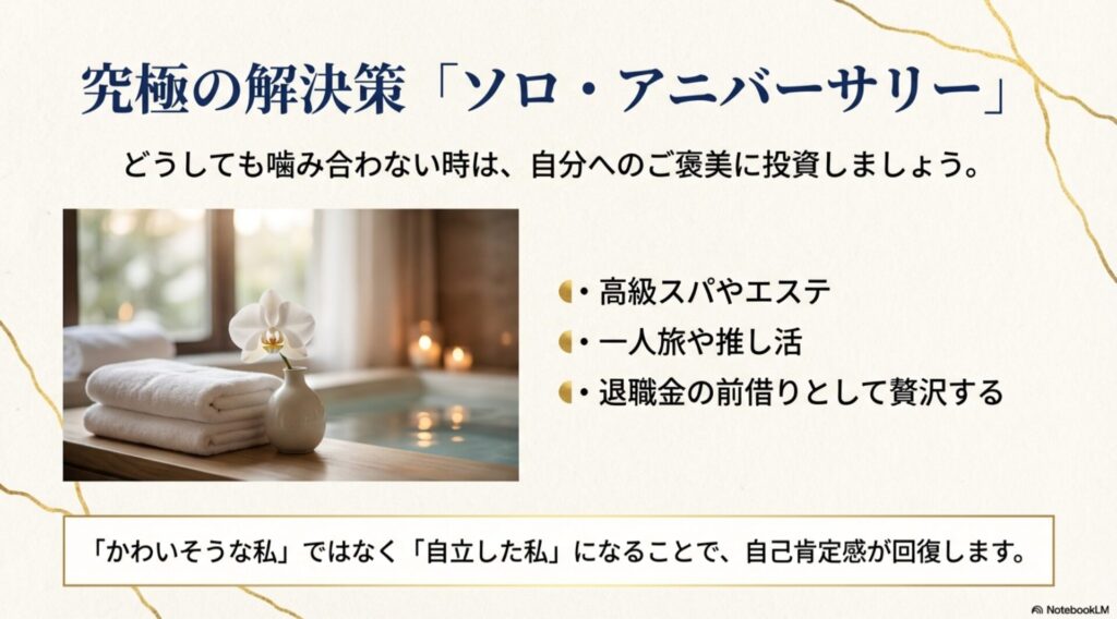 高級スパや一人旅、推し活など、夫と過ごす代わりに自分自身に投資して自己肯定感を高めるソロ・アニバーサリーの提案リスト。
