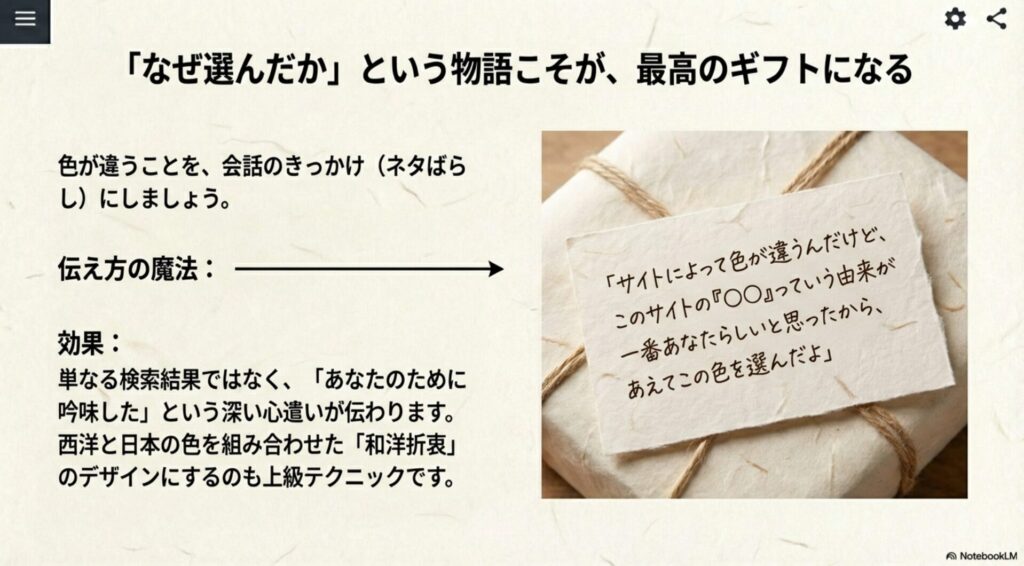 サイトによって色が違うことをあえて伝え、相手のために選んだ理由を語ることで特別なギフトにする方法