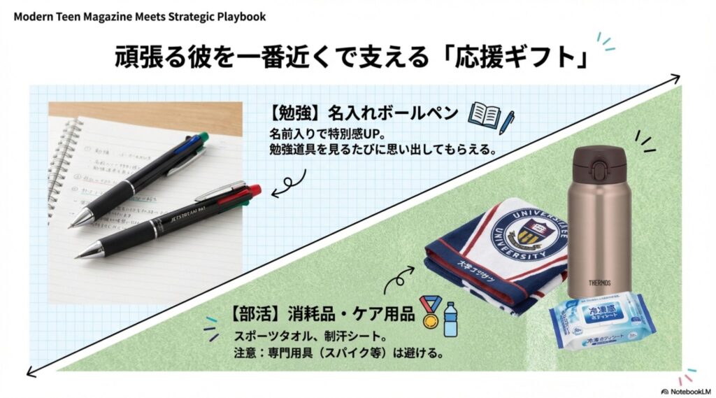 名前入りのジェットストリームボールペンや、部活で使えるスポーツタオルなど、彼氏を応援する実用的なギフト紹介。