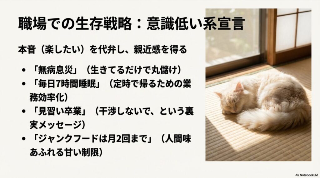 職場での生存戦略としての抱負。無病息災や定時退社など本音を代弁して親近感を得る具体例