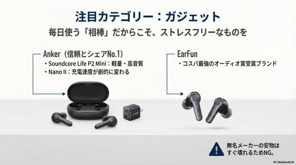 Ankerのワイヤレスイヤホンの写真。毎日使う相棒だからこそ信頼できるメーカーを選ぶべきというガジェット選びのポイント