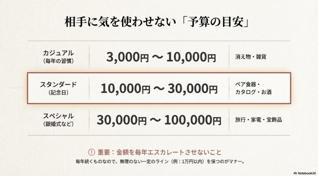 結婚記念日プレゼントの金額相場（カジュアル・スタンダード・スペシャル）