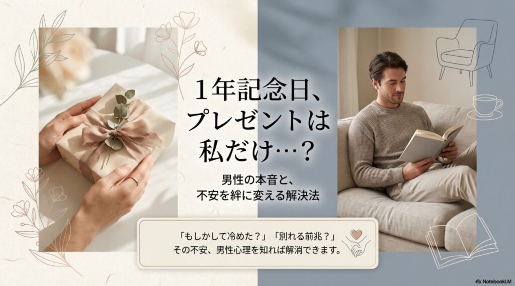 1年記念日にプレゼントをもらえなかった不安を解消するための男性心理と解決策をまとめたスライドの表紙
