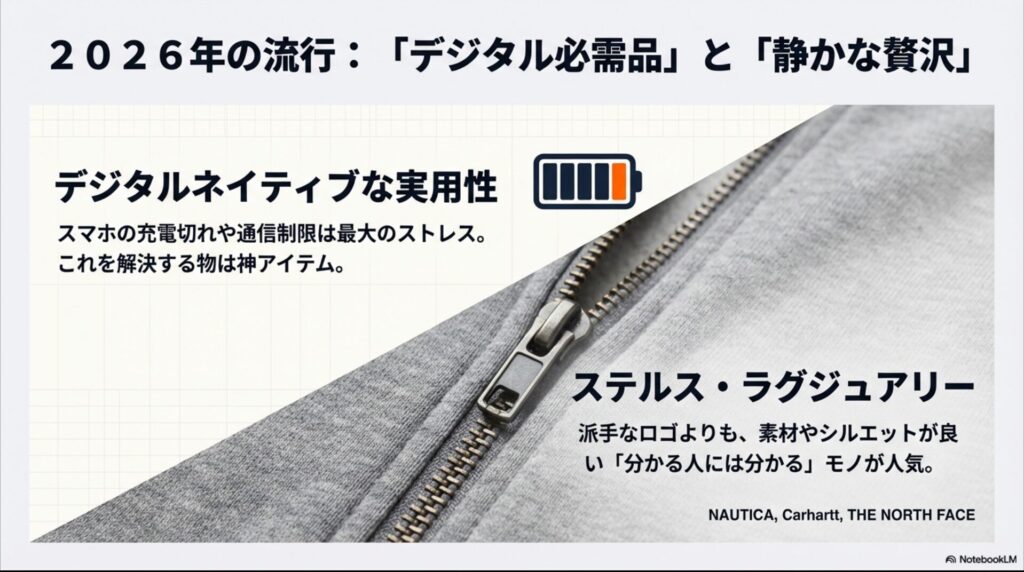 2026年の流行として、充電切れを防ぐデジタル実用品と、ロゴが目立たない「ステルス・ラグジュアリー」が人気であることを示す解説図。